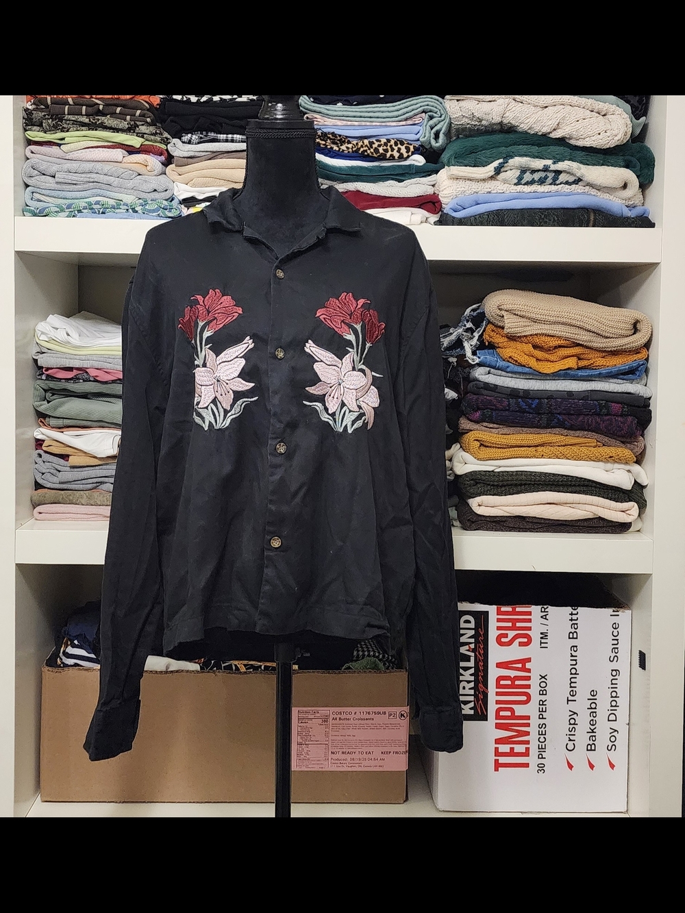 PacSun Black Button-Up Shirt with Pink & Red Floral Embroidery